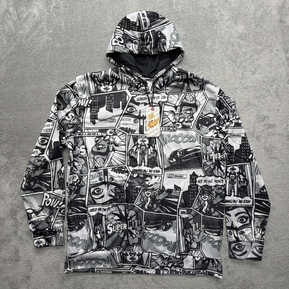 Oh Snap!‎ Hoodie Mens XL Gray Comic Book Quarter Zip Sweatshirt Graphic Allover